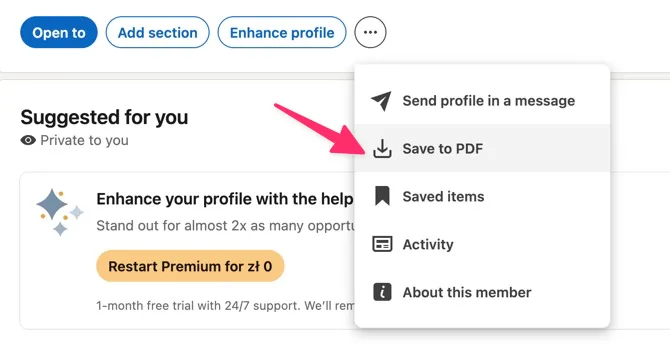 LinkedIn profile: the ⋯ menu open with Save to PDF highlighted